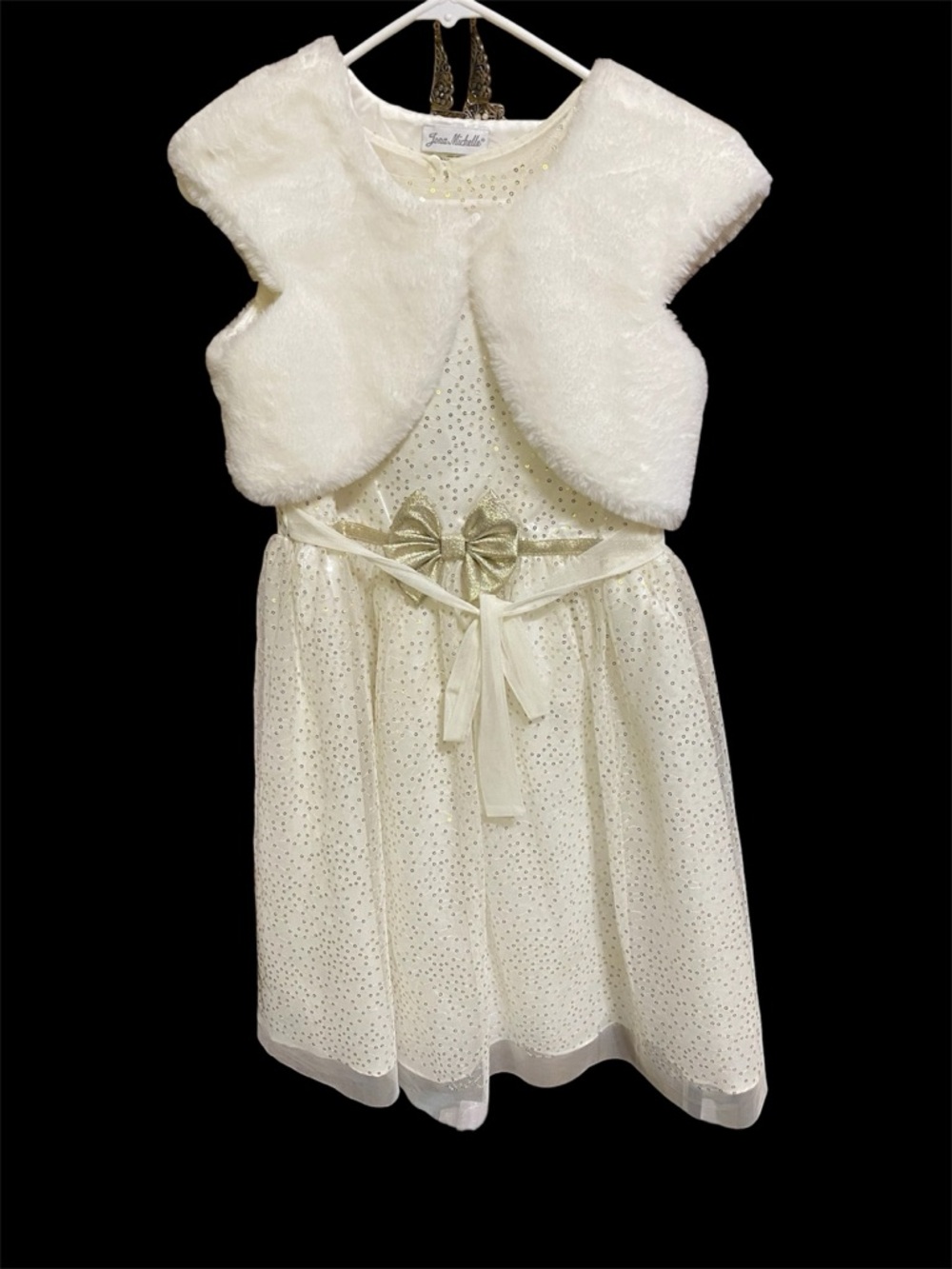 Jona Michelle Cream and Gold Girls' Formal Dress with Faux Fur Bolero